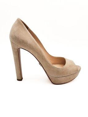 PRADA Suede Block Heel Peep-Toe Pumps EU 37.5